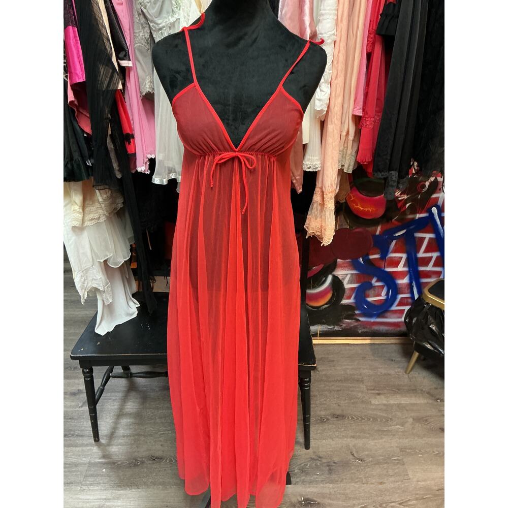 VINTAGE FULL LENGTH RED SHEER SLIP DRESS OLGA SMALL